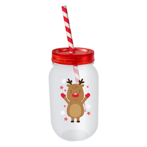 Christmas Mason Drinking Jar & Straw 500ml