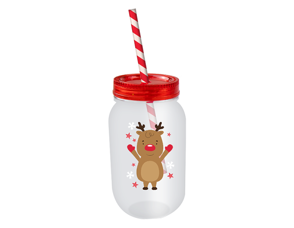 Christmas Mason Drinking Jar & Straw 500ml