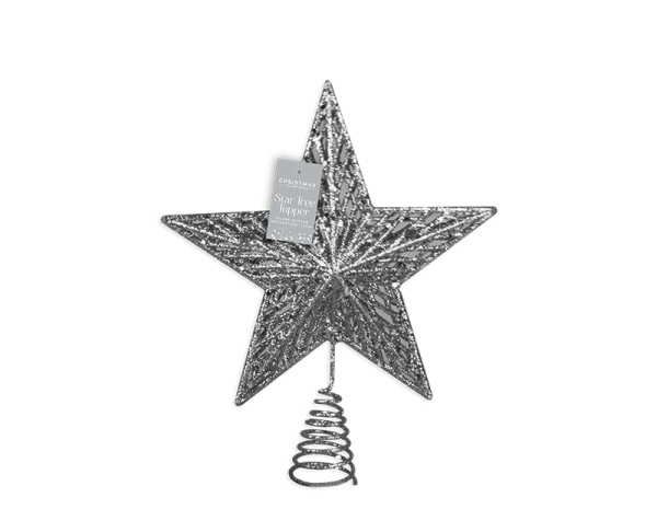 SILVER GLITTER STAR TREE TOPPER 17CM