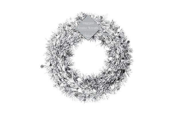 Silver Tinsel Christmas Wreath 28cm