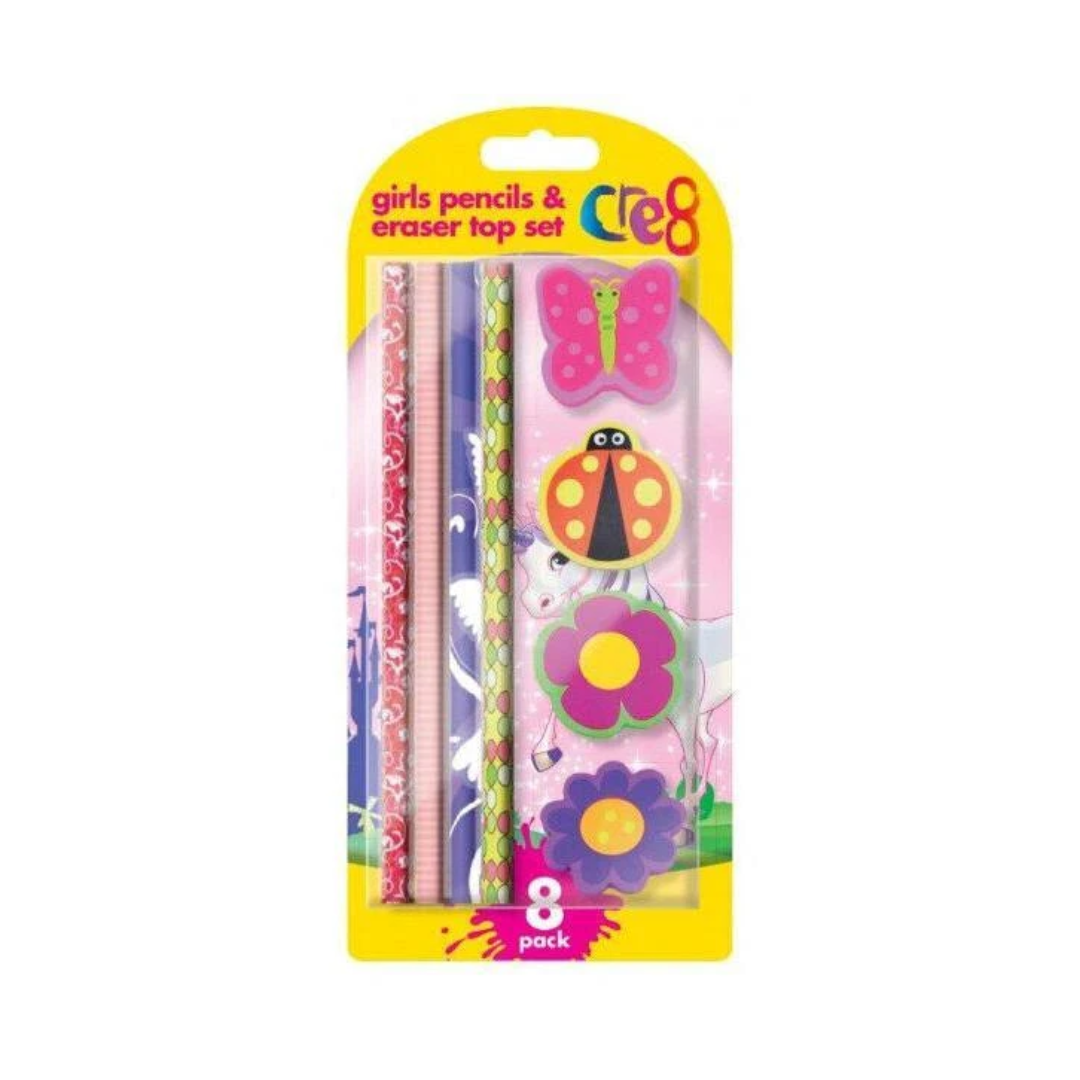 Girls Pencils & Eraser Set | Pack of 8