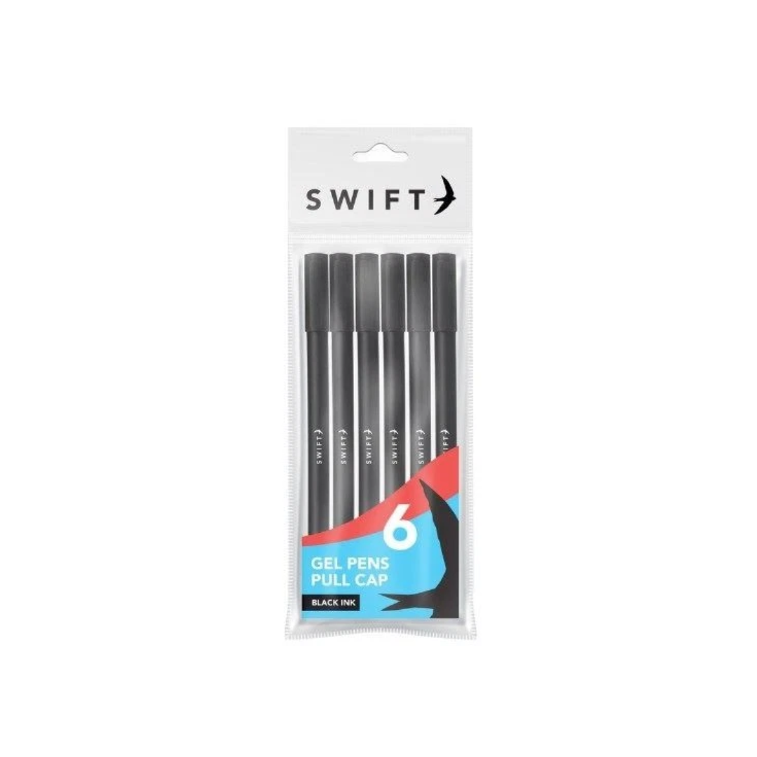 Swift Black Gel Pens Pull Cap | Pack of 6