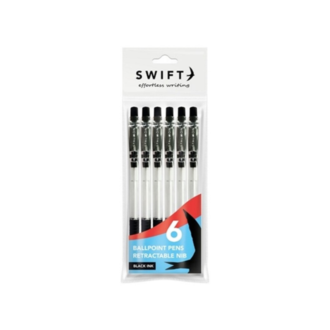 Swift Black Ballpoint Pens with Retractable Nib | Pack of 6