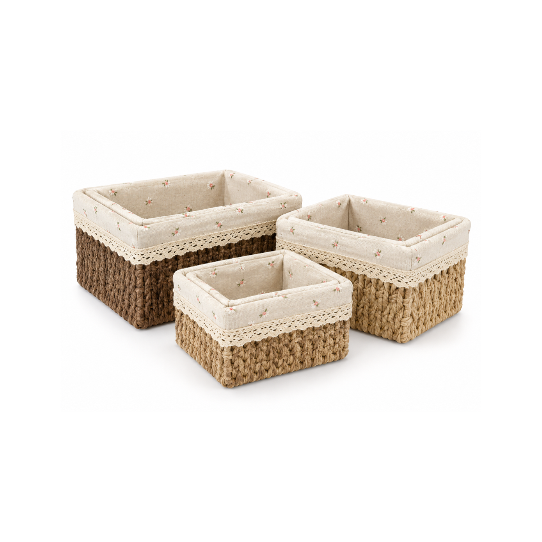Quilted Top Straw Boxes | Set of 3