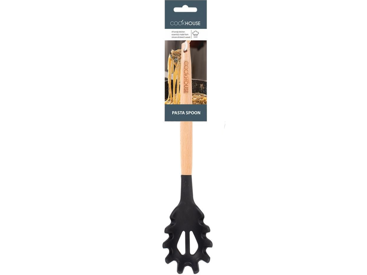 Pasta Spoon Blk Silicone Wood Handle