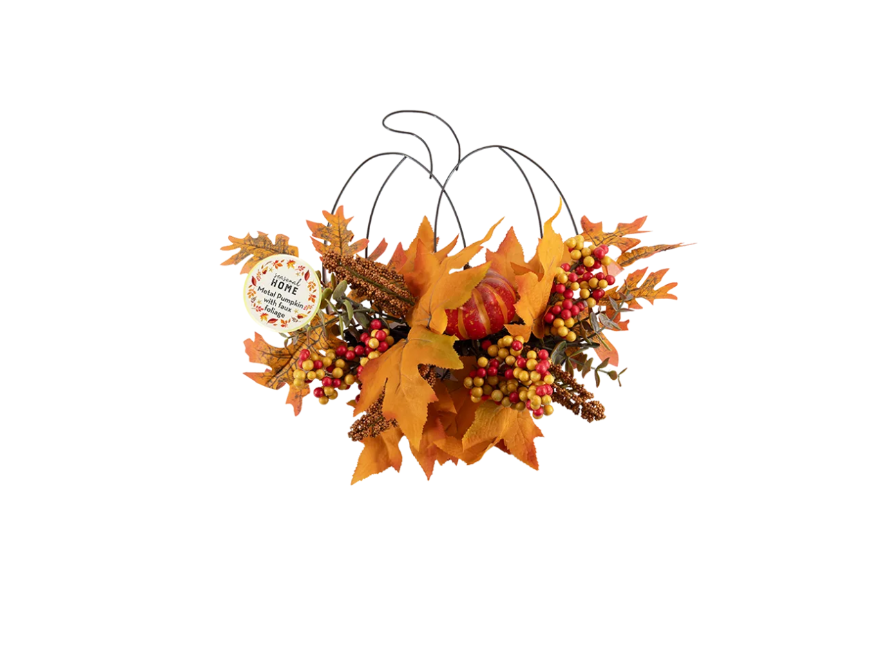Autumnal Hanging Metal Pumpkin with Faux Foliage