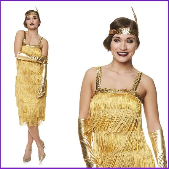 Adult Ladies 1920's Gold Flapper Dress Costume | Size Small