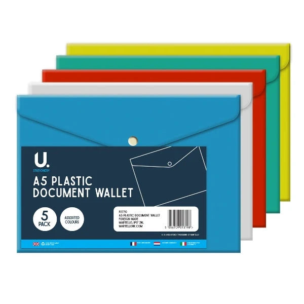 A5 Plastic Document File Wallet |  Pack of 5 Assorted Colours